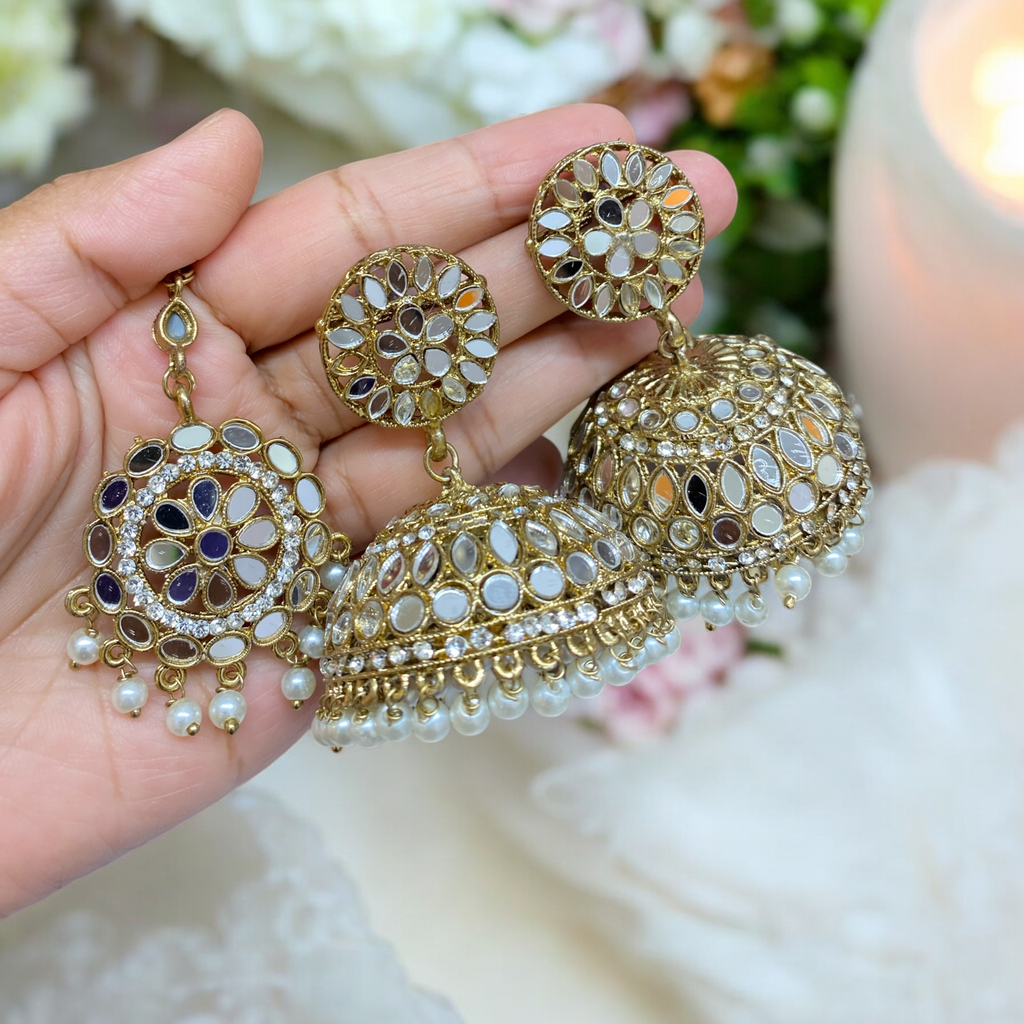 Artificial gold jhumka maang tikka