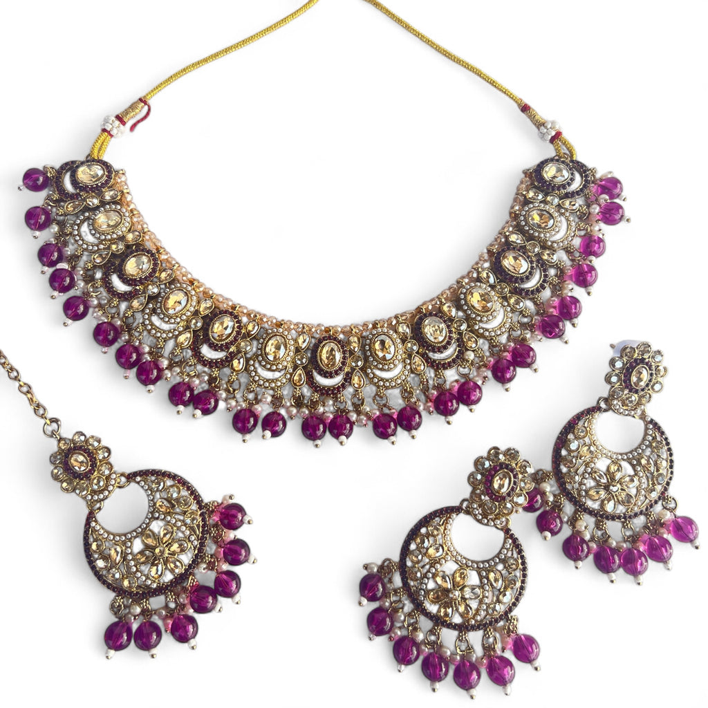 Gold and purple necklace tikka earrings set