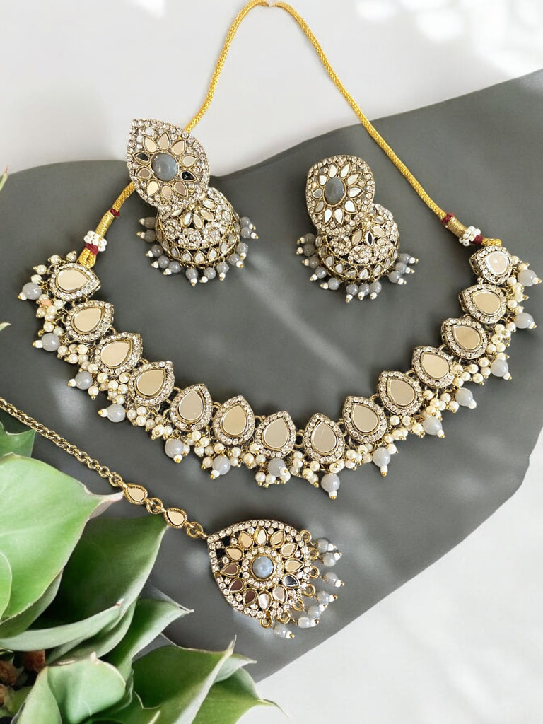 Kundan Asian grey necklace set 