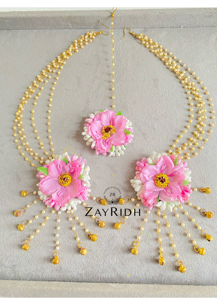 Pink Mehndi flower earrings set