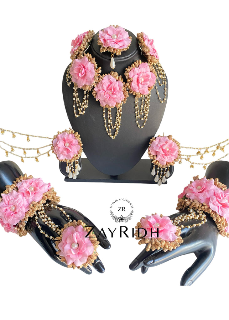 Pink mehndi flower jewellery set