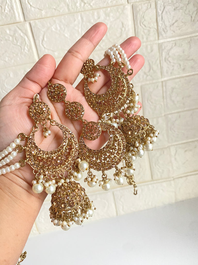 Gold Pakistani Tikka Jhumka Earrings Set