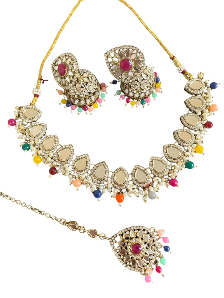 Multicoloured necklace tikka earrings set