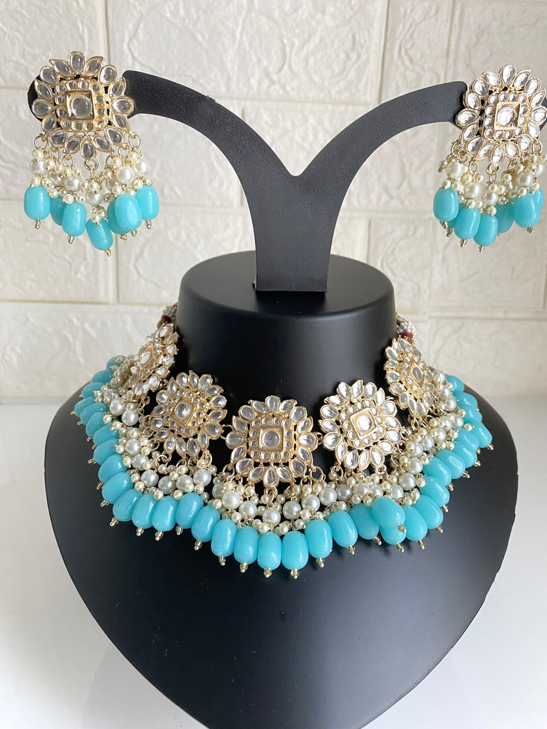 Aqua blue necklace earrings set 