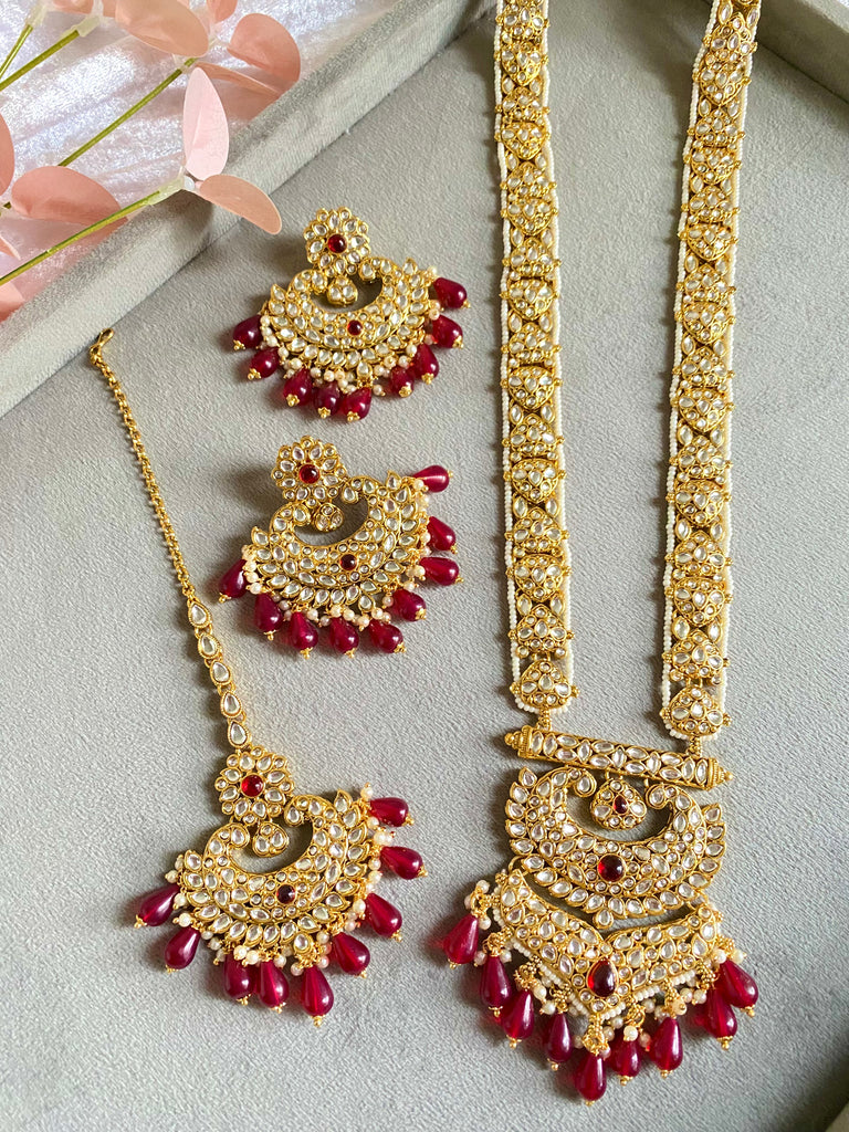 Maroon long kundan necklace set