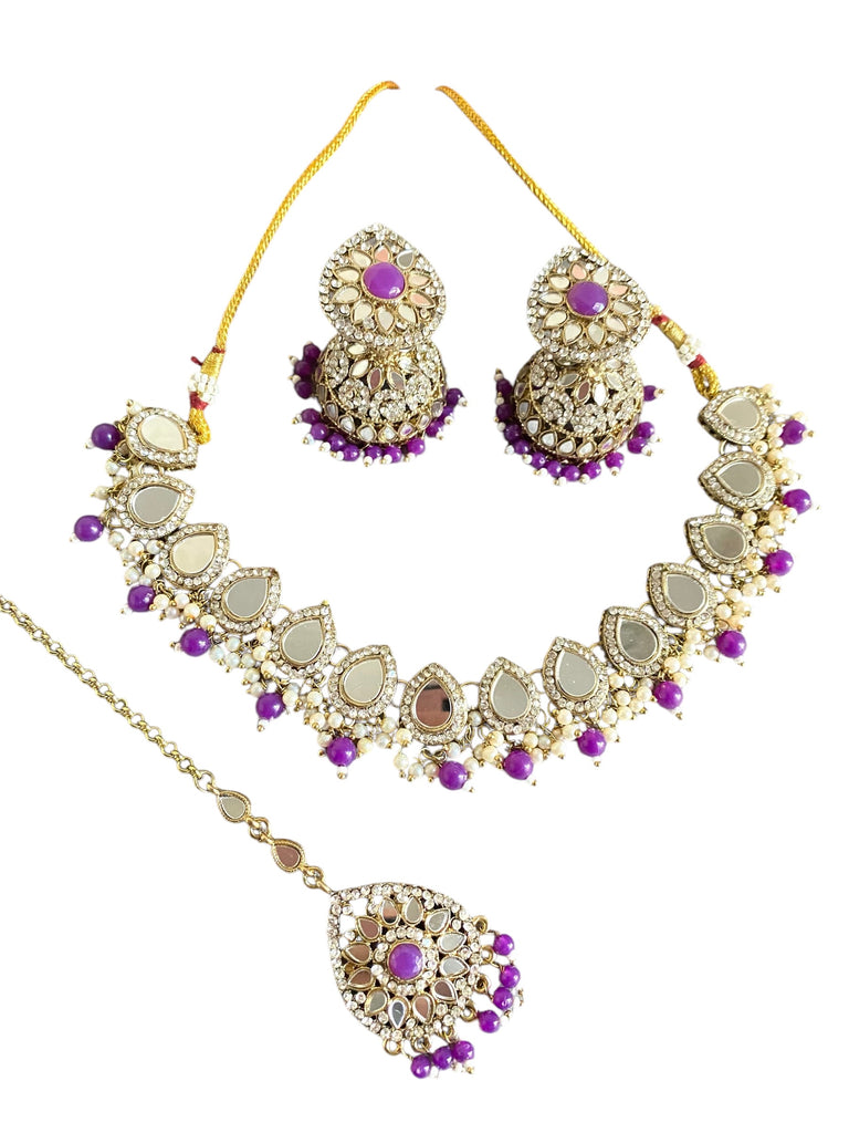 Purple necklace tikka earrings set 