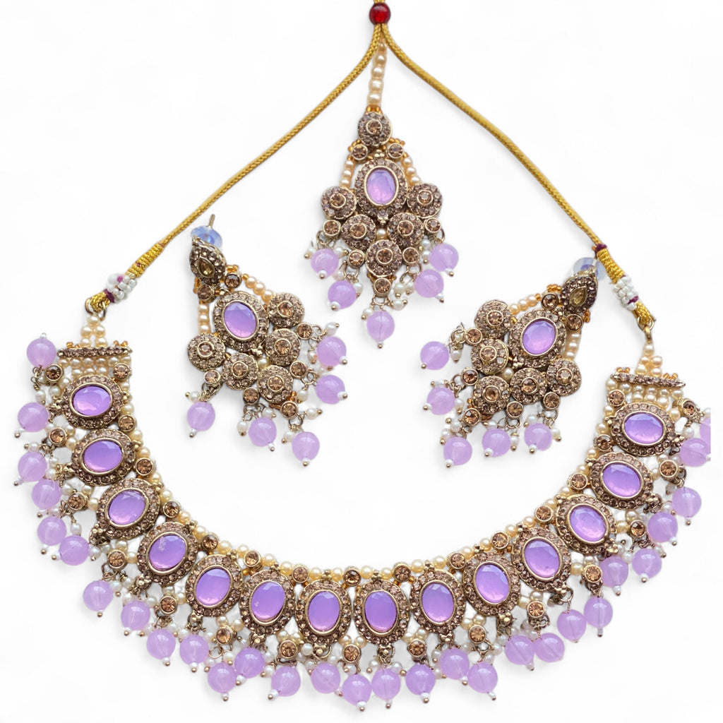 Lilac and gold necklace tikka earrings set