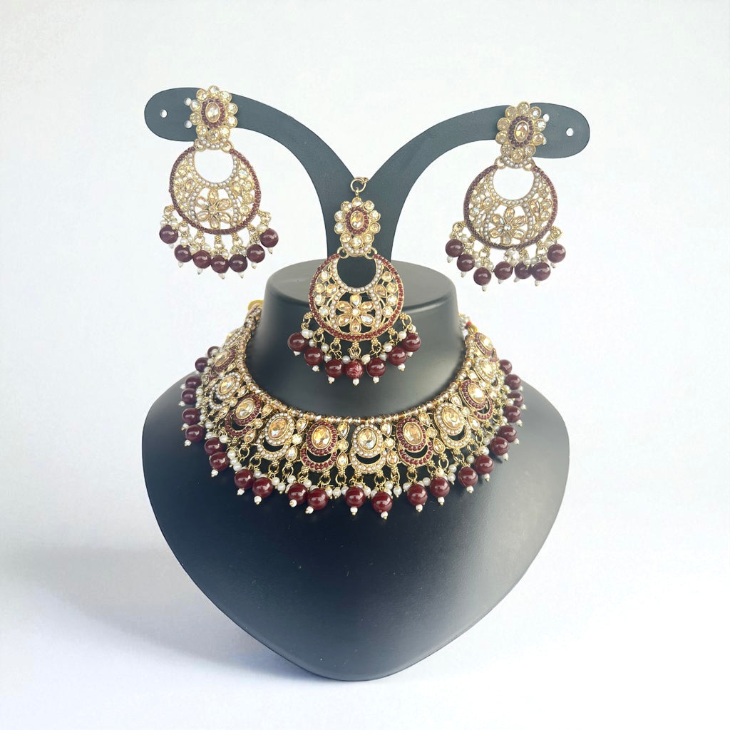 Maroon Burgundy Kundan necklace set
