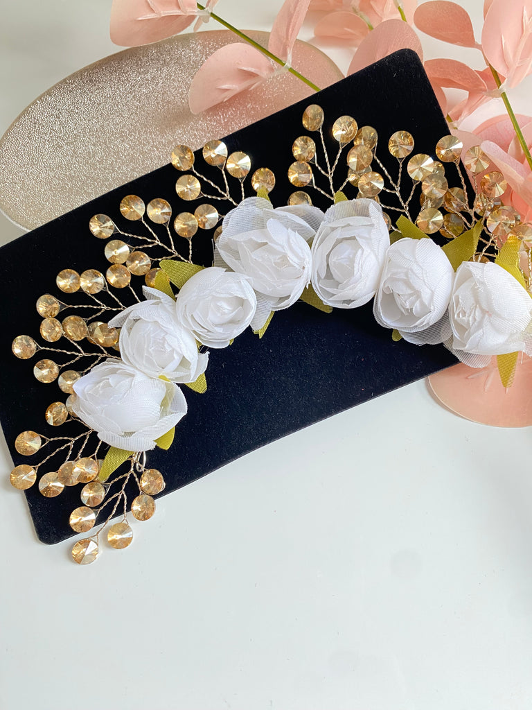 white and gold artificial floral hair gajra