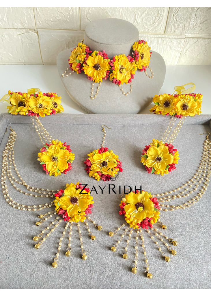 Red and yellow mehndi flower jewellery 