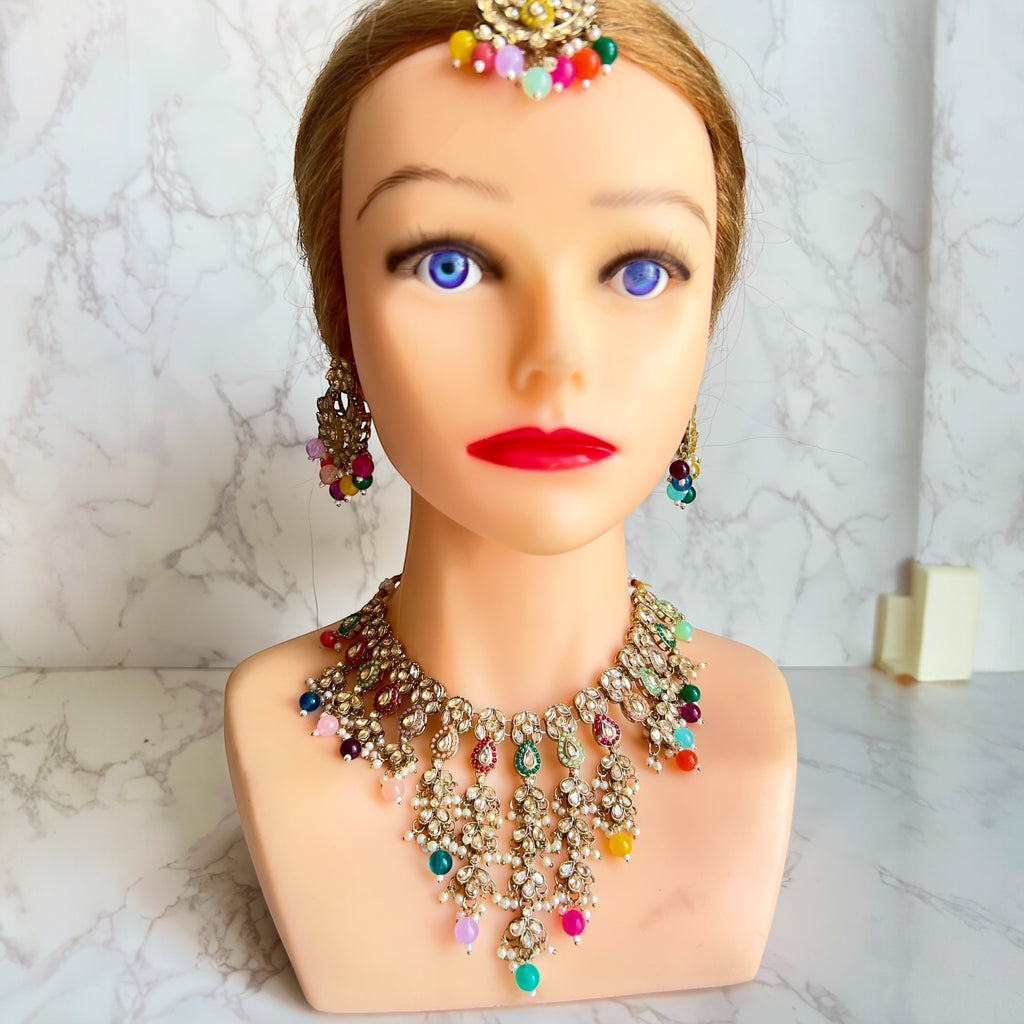 Multicolor necklace tikka earrings 