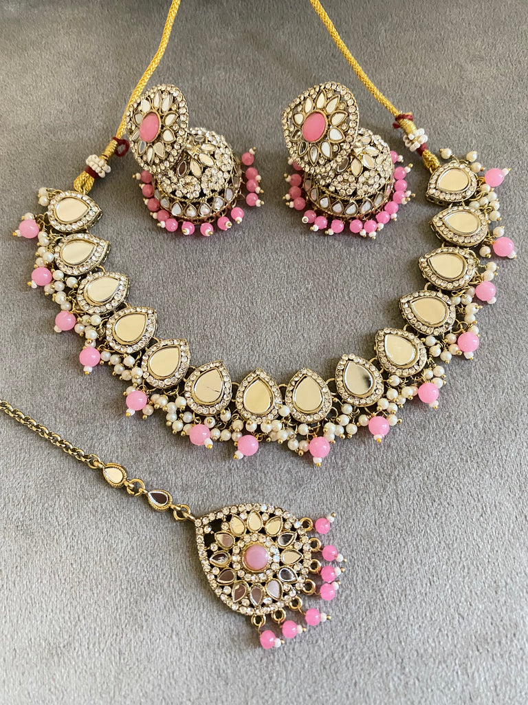 Pink mirror necklace set
