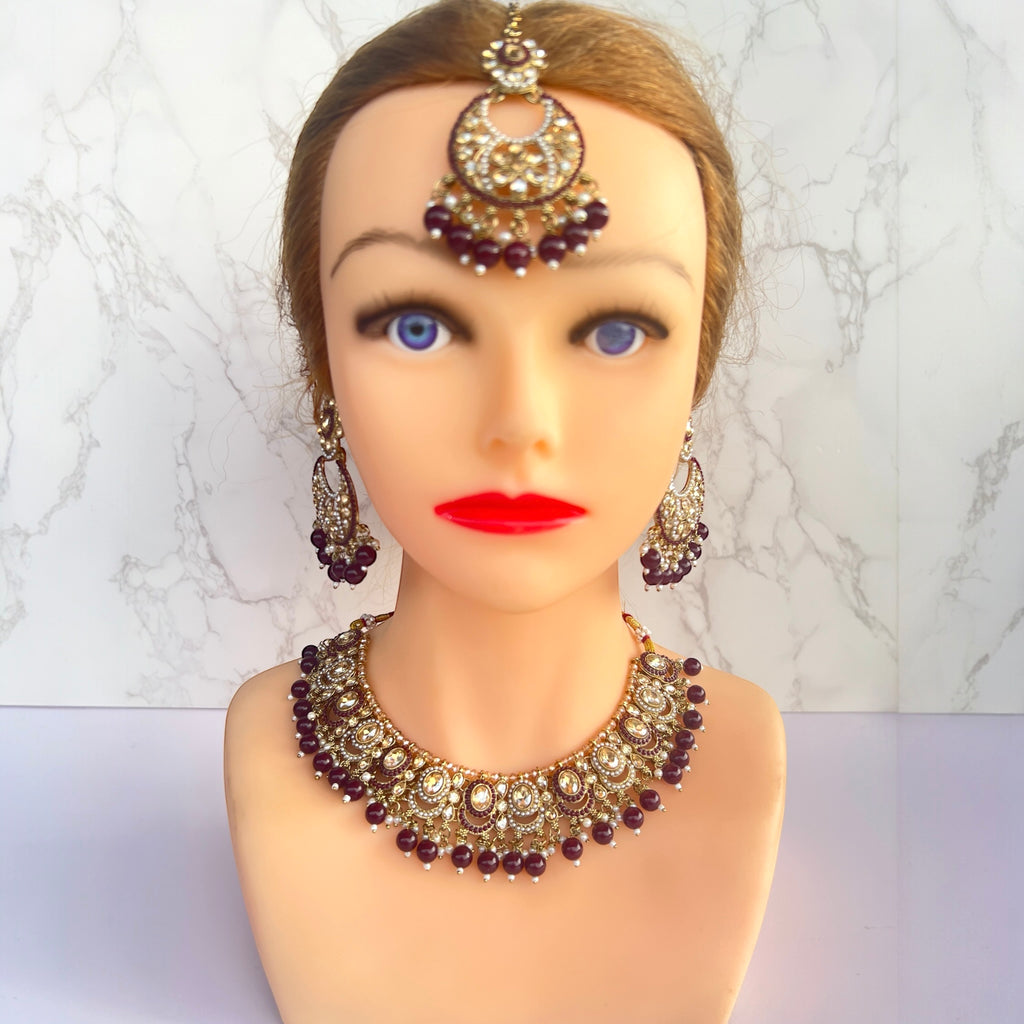 Desi Indian Maroon necklace set 