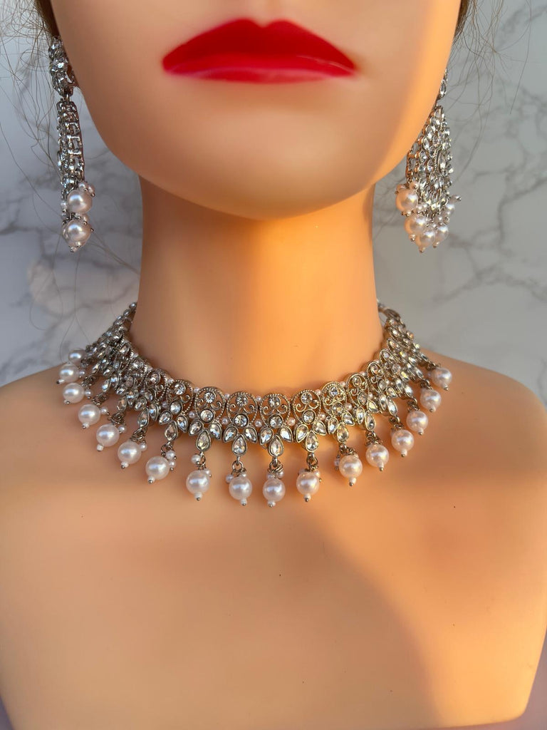 Silver plated necklace tikka earrings set