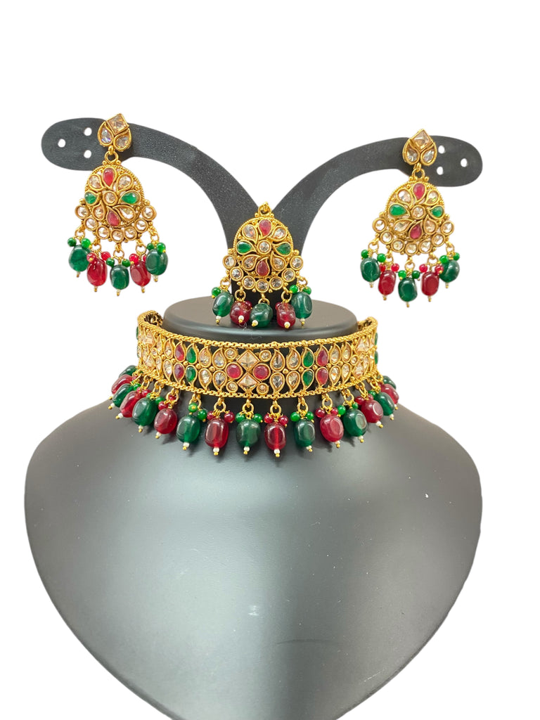 Red and green kundan necklace choker set 