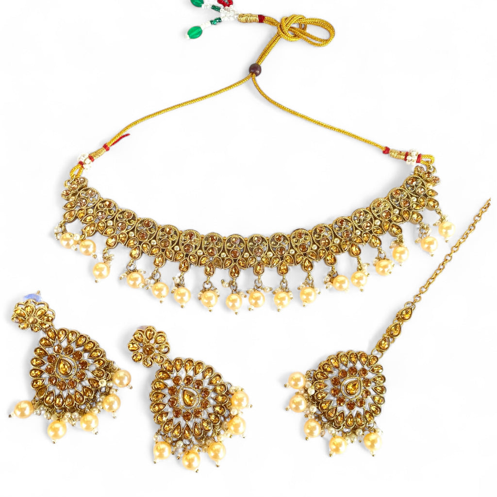 Gold plated necklace tikka earrings set 