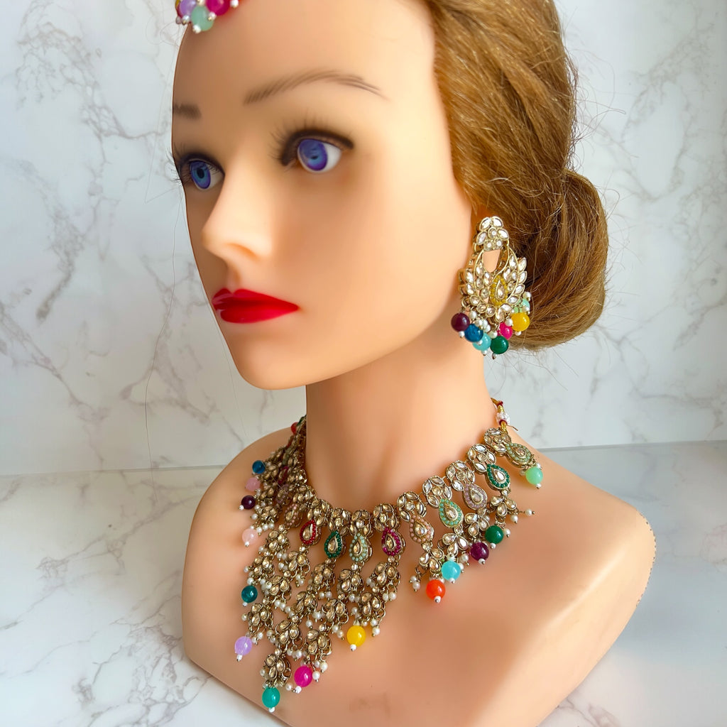 Multicolor necklace tikka earrings 