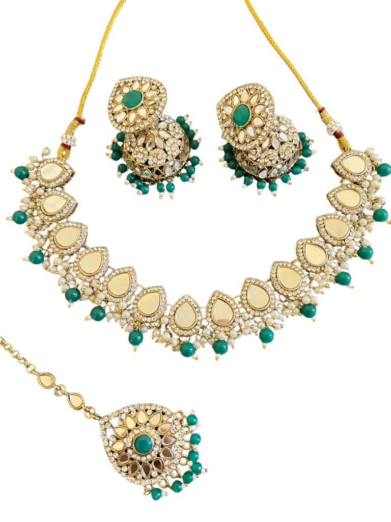 Kundan green mirror necklace set 