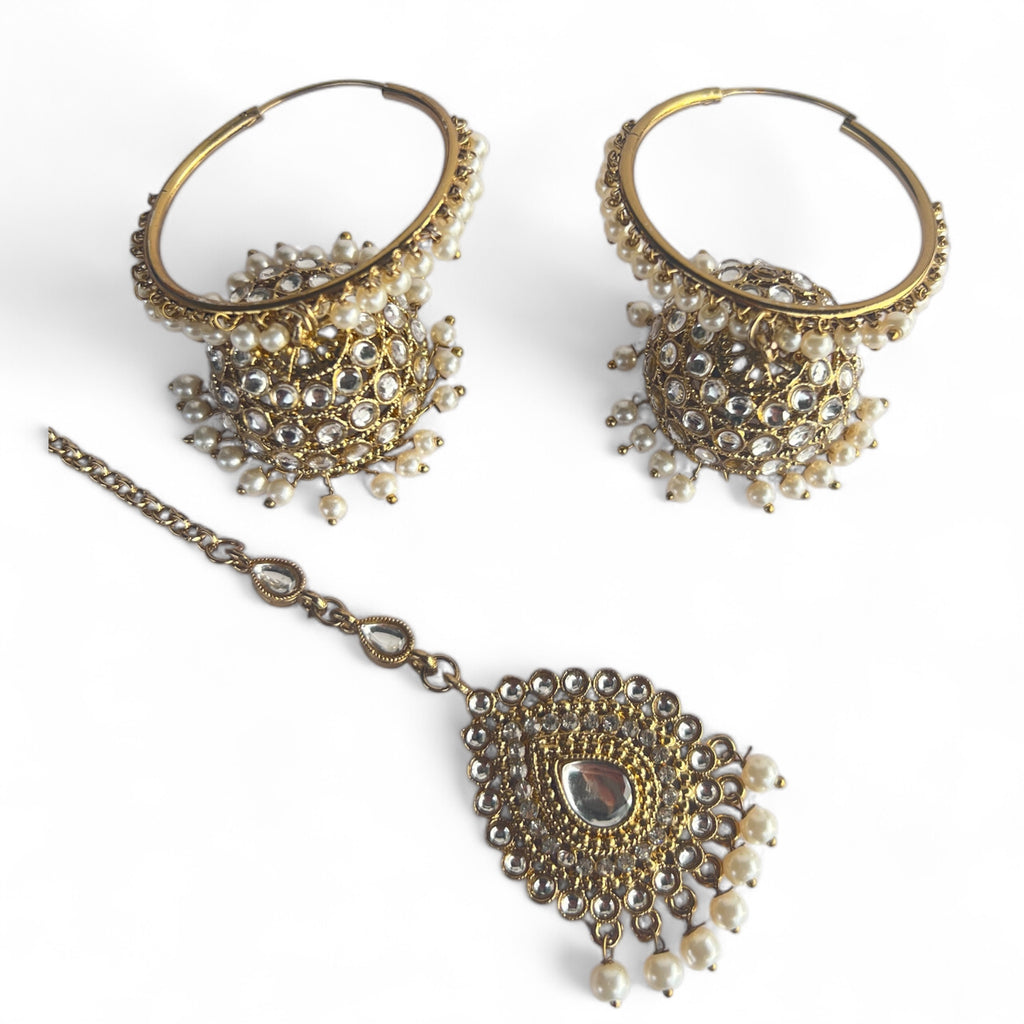 Gold hoop tikka earrings set 