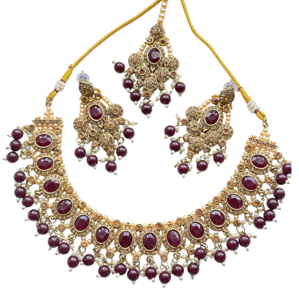 Maroon and gold tikka earrings set