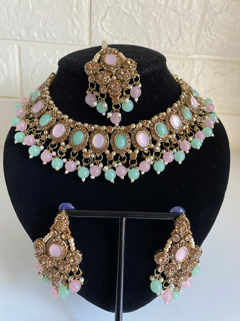 Mint and Pink Necklace tikka earring set