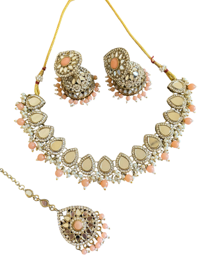 Peach kundan necklace set 