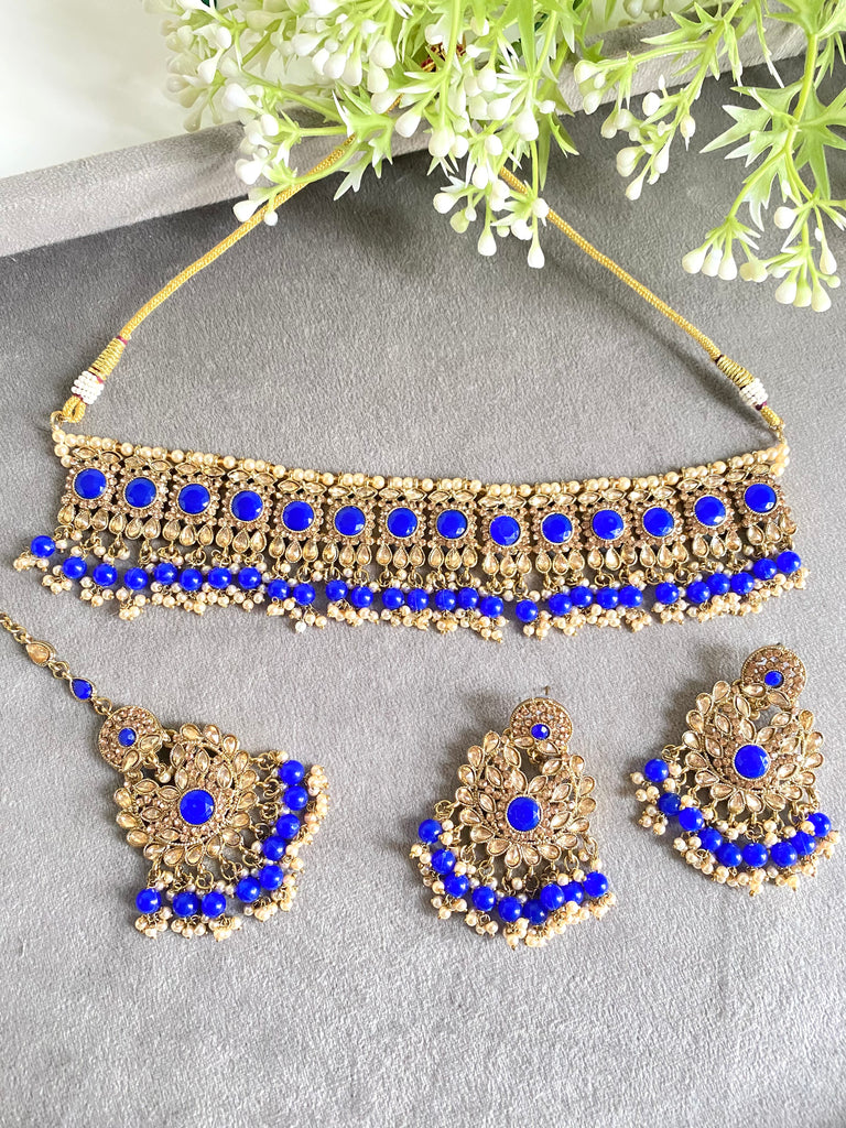 Blue Asian Choker Necklace Set