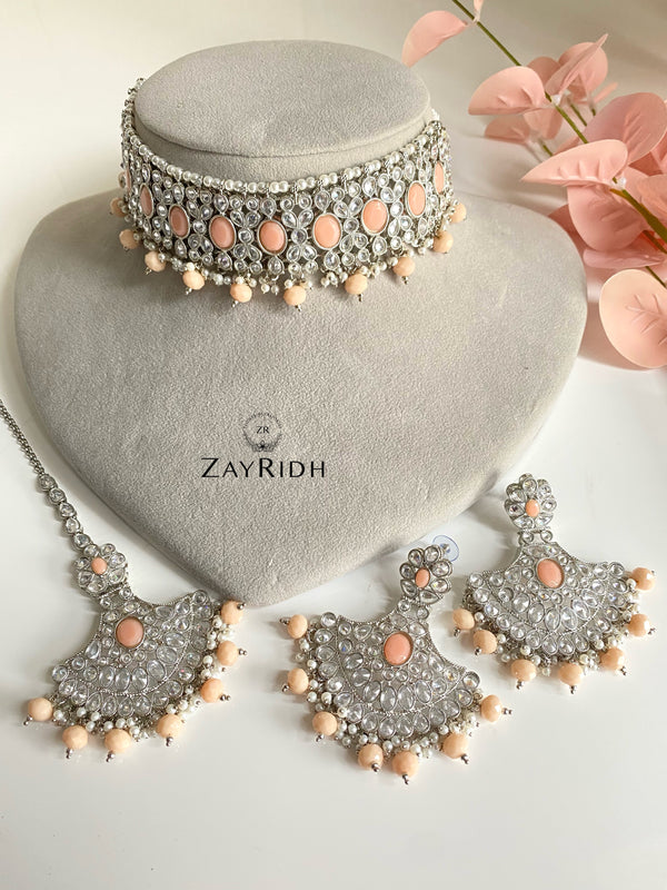 Sania Peach Choker Necklace Earrings & Tikka Set