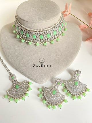 Buy mint-green Sania Mint Choker Necklace Earrings &amp; Tikka Set