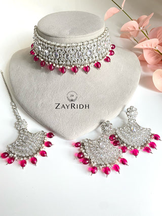 Sania Purple Choker Necklace Earrings & Tikka Set