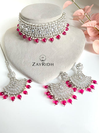 Sania Purple Choker Necklace Earrings & Tikka Set