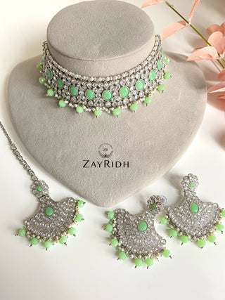Sania Mint Choker Necklace Earrings & Tikka Set