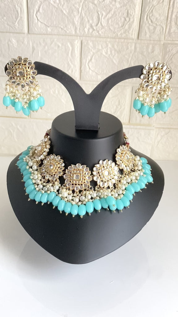 Blue Asian kundan online necklace set 