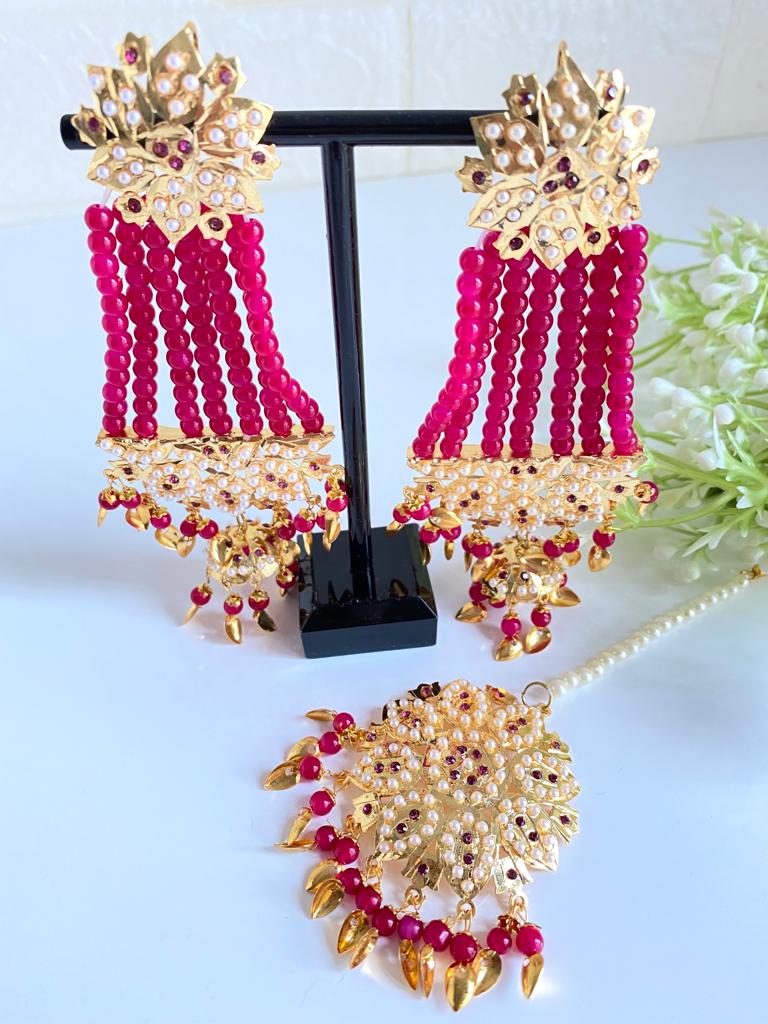 Hotpink Hania Gold Platted Kundan & Pearls Traditional Earing and Maangtikka set