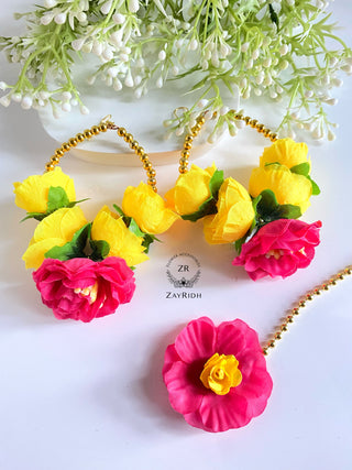 floral tikka and earring set in yellow and pink combination