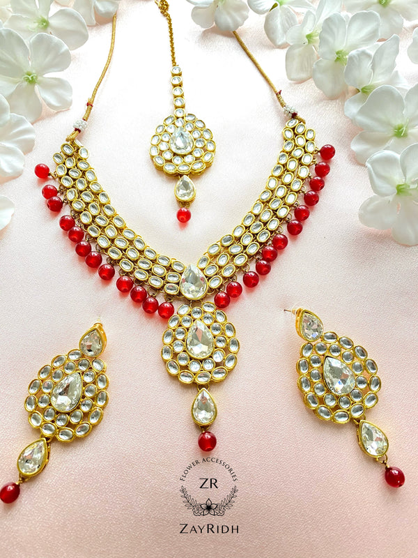 Burgundy Red Necklace, Earring and Tikka Set N19