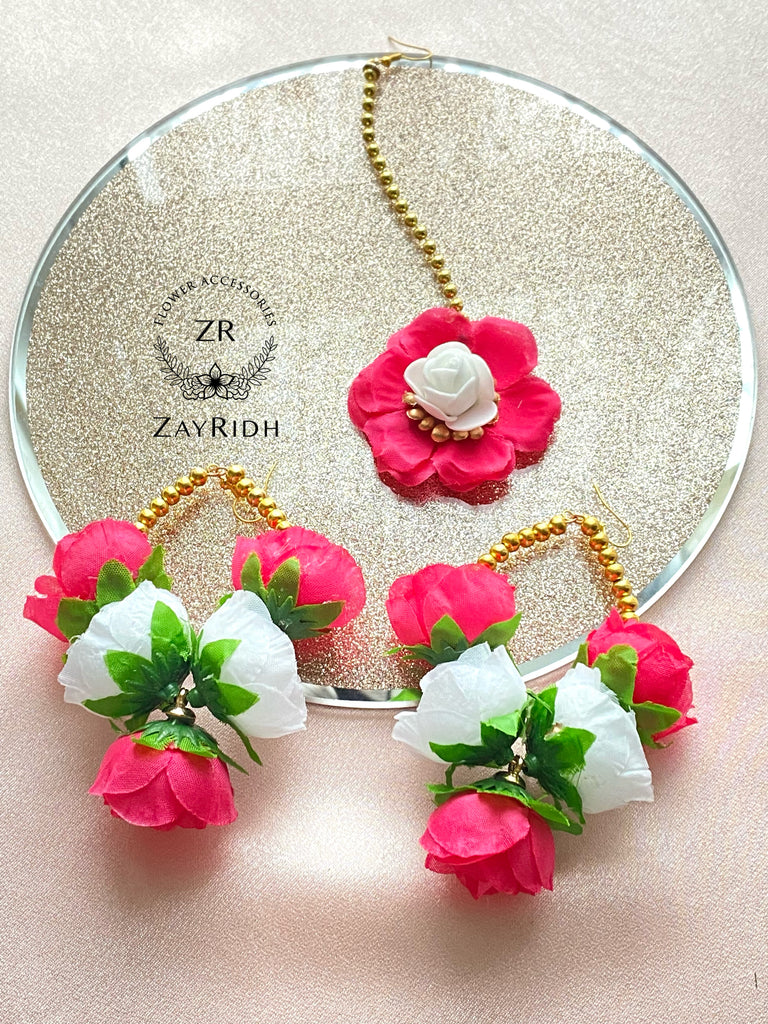 Pink & White Flower Earring Tikka Set