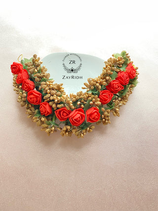  Red and Gold Flower Hair Gajra
