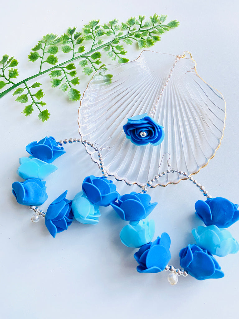 Blue Artificial Flower Earring Set