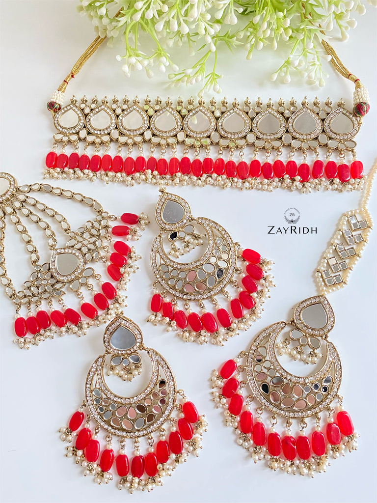 Red Asian mirror necklace set