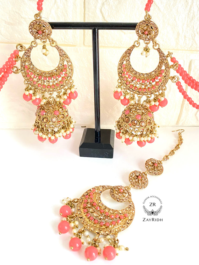 Hazera Coral Earrings & Tikka