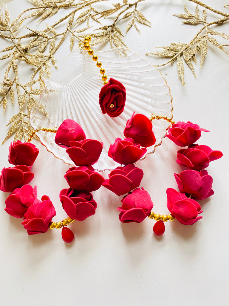 red flower mehndi earring tikka set