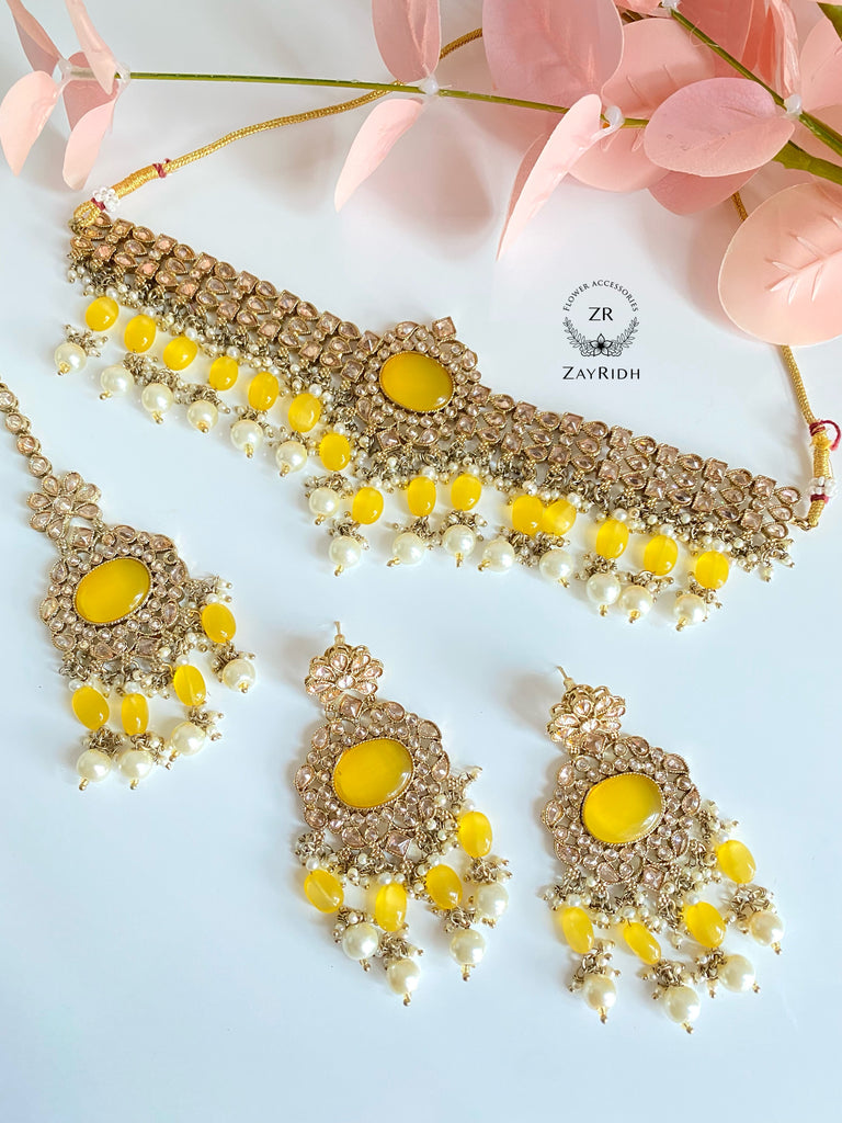 Yellow tikka earring and choker set 