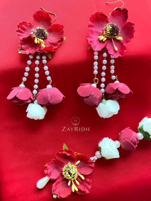 Rupa Maroon Flower Earring Set