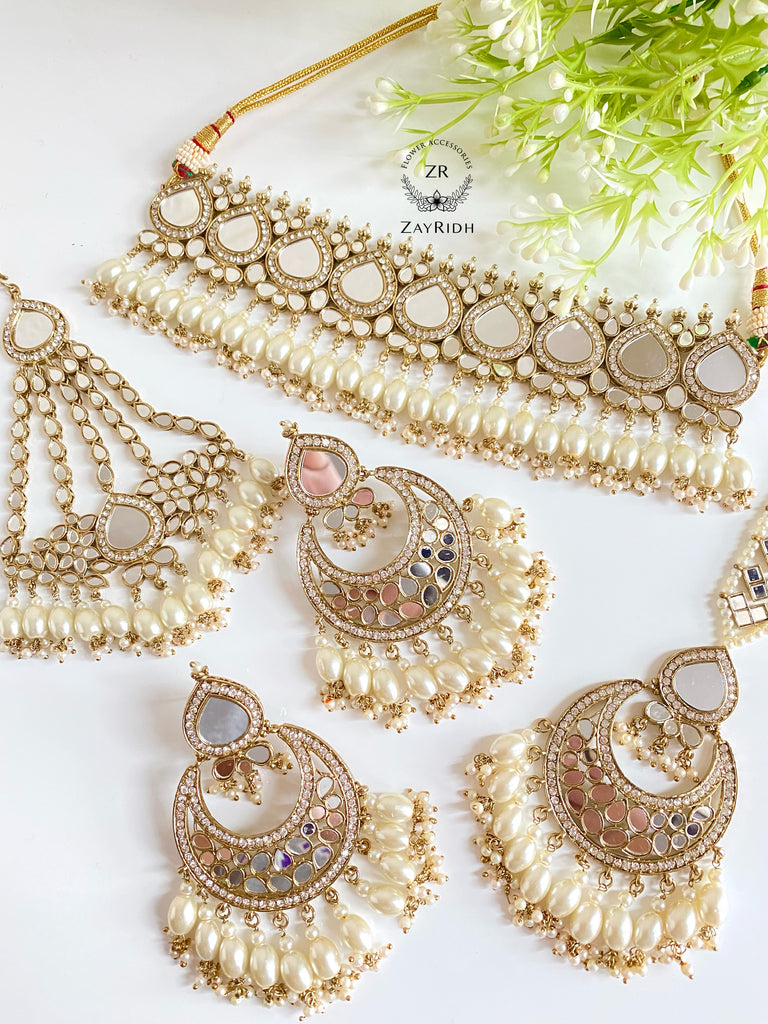 Pearl gold mirror necklace set