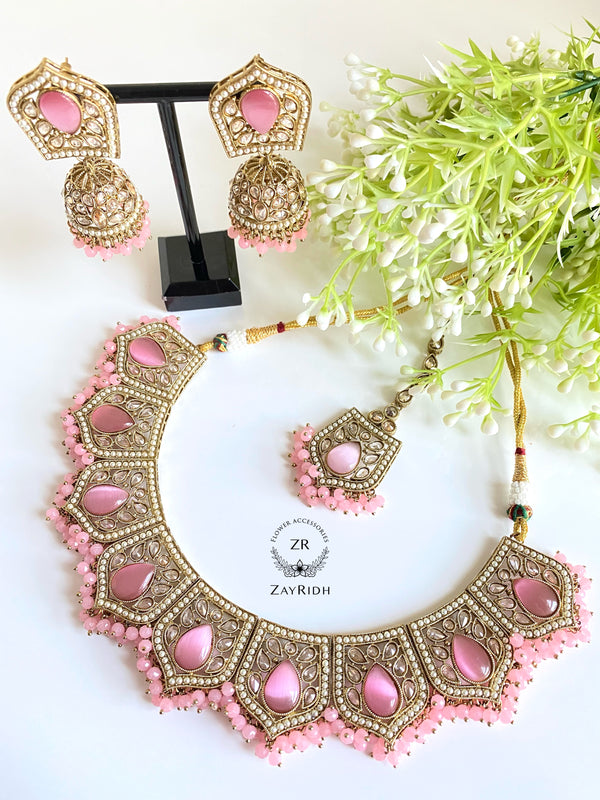 pink necklace set with tikka and earrings