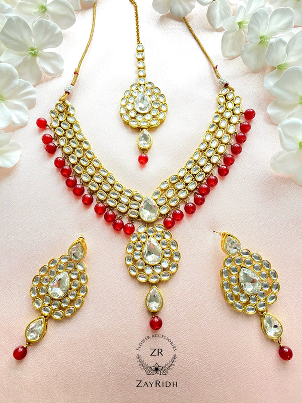 Burgundy Red Necklace, Earring and Tikka Set N19