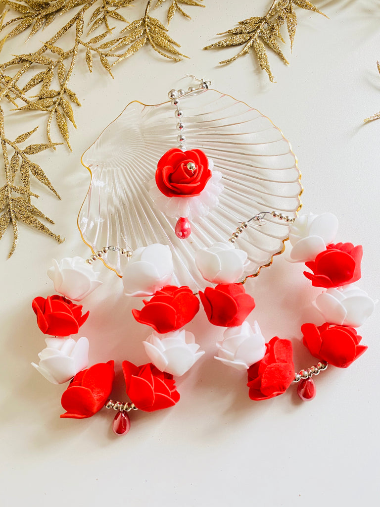 red artificial flower earrings set