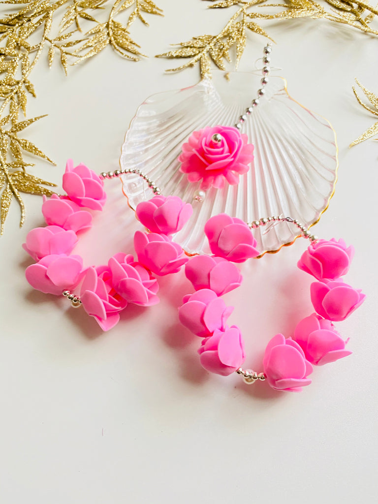 Pink Artificial flower Earring Set