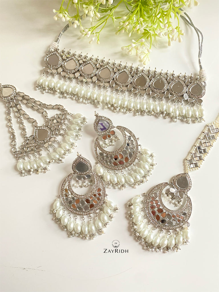 Silver Indian mirror necklace set